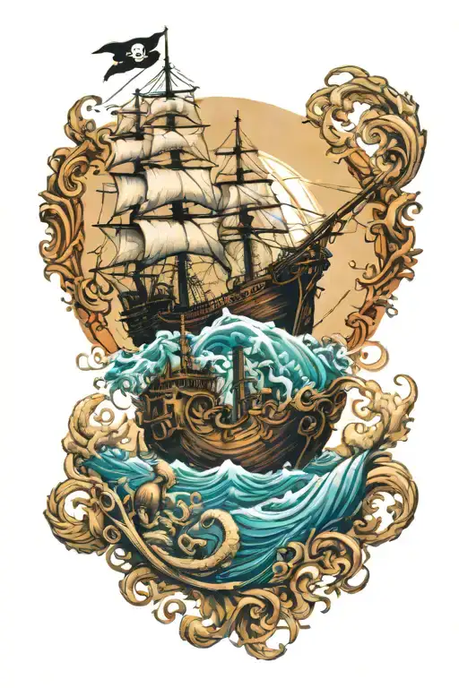 Ocean Feature With A Pirate Ship And The Kraken