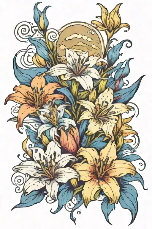 Blue Lily Flowers And Mountains Rising Phoenix