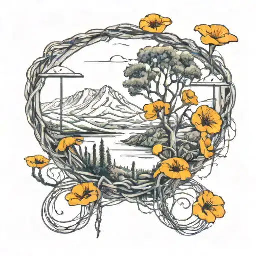Island Floating In The Air With California Poppies And Draping Barbed Wire Fence Over Hills