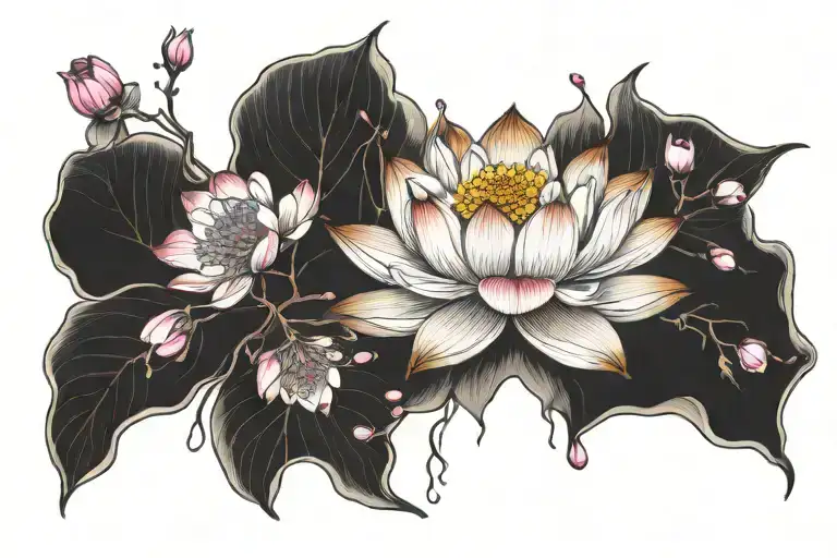 Lotus Flower With Cherry Blossoms