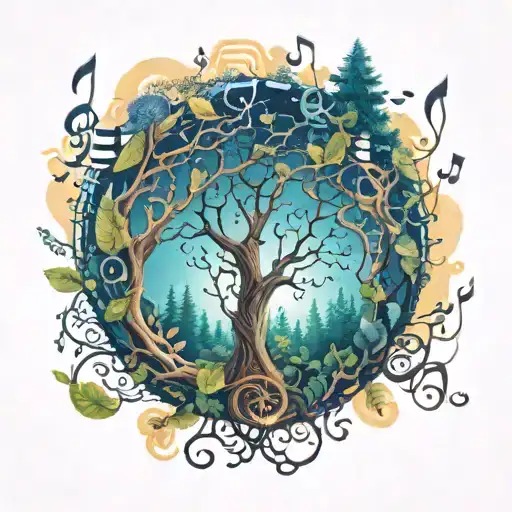 A Mystical Forest Scene With Musical Notes Intertwined In The Branches