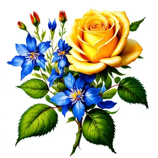Yellow Rose Inside Texas With Blue Bonnets And Indian Paint Brush Wild Flowers Tattoo