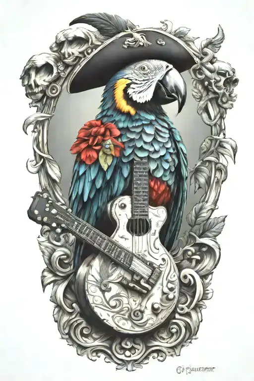 Parrot Pirate Hat Perched On Guitar