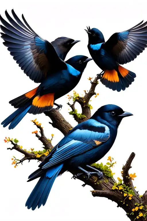 2 Blackbirds On Tree 2 Flying