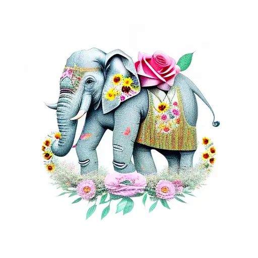 Elephant With Roses And Sunflowers