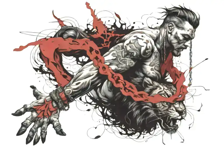 Man Chained To Lion Wearing A Crown Roaring