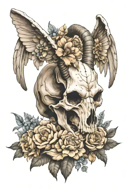 Goat Skull With Angel Wings And Flowers At Bottom