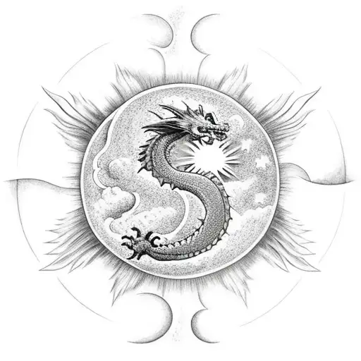 Dragon With Sun And Moon And Cloud