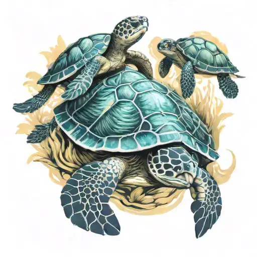 Sea Turtle With 2 Baby Turtles Colored Background