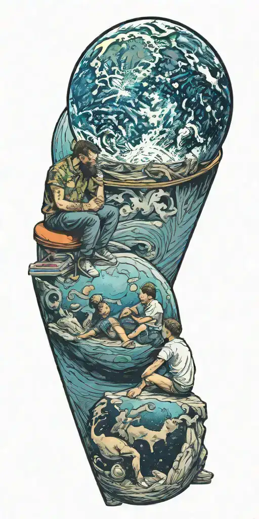 Two Brothers Sitting On The Moon Looking At Earth Globe Music