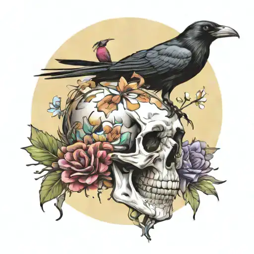 Crow On Skull With Flowers And Moon Surrounded