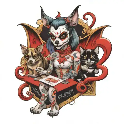 Dogs Sitting Devil Girl Holding Buterlfy Joker Card
