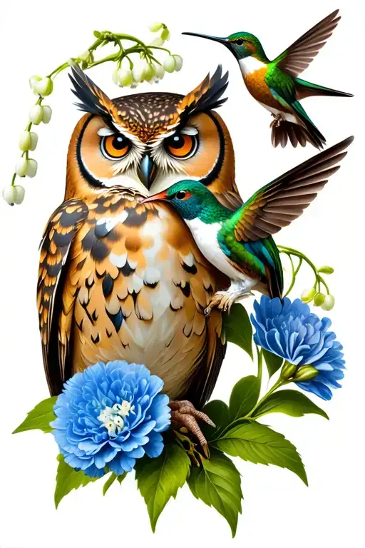 Owl And Hummingbird With A Lily Of The Valley And Blue Carnation