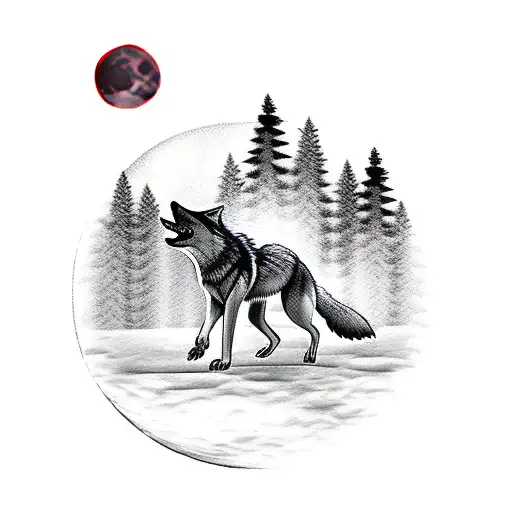 A Wolf Running Through A Forest With Trees Silhouetted Against A Red Moon