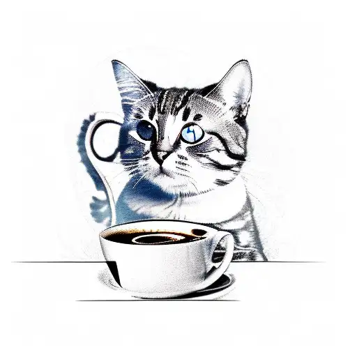 An Intricate Sketch Of A Cat Sitting On A Branch With A Coffee Cup In Its Paw