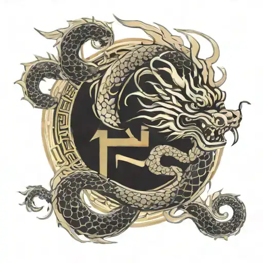A Chinese Dragon Writhing Around Hieroglyphs Of Strength And Luck