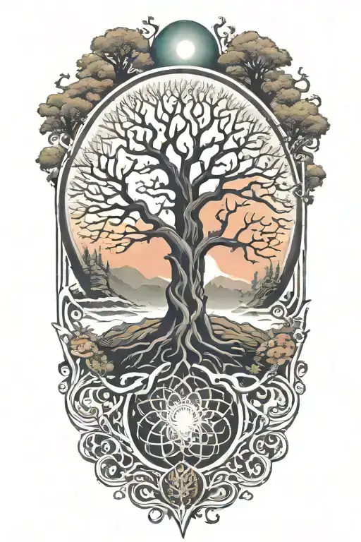 Trippy Tattoo Design Incorporating Yggdrasil Tree Silhouette