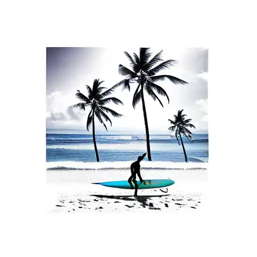 Surfer With Palms In The Beach