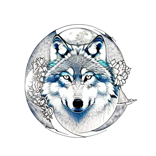 Wolf Infront Of The Moon Surrounded By Flowers