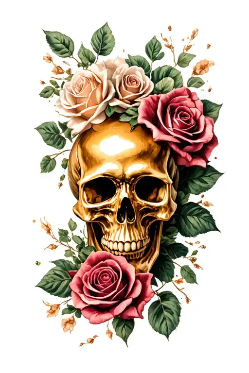 Gold Skull And Roses Tattoo With A French Feel