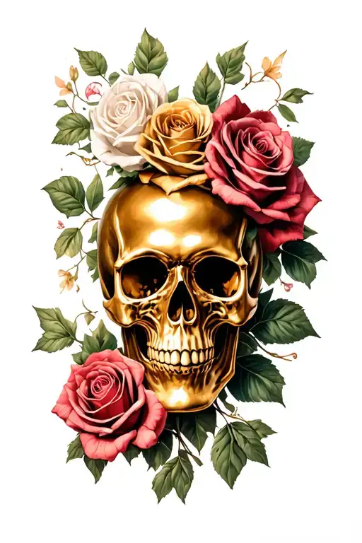 Gold Skull And Roses Tattoo With A French Feel