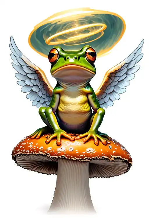 Frog With Angel Wings And Halo Sitting On A Mishroom