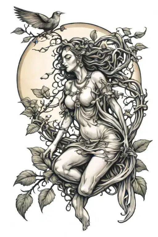 Moon Goddess Statue And Spindalis Bird Perched With Vines