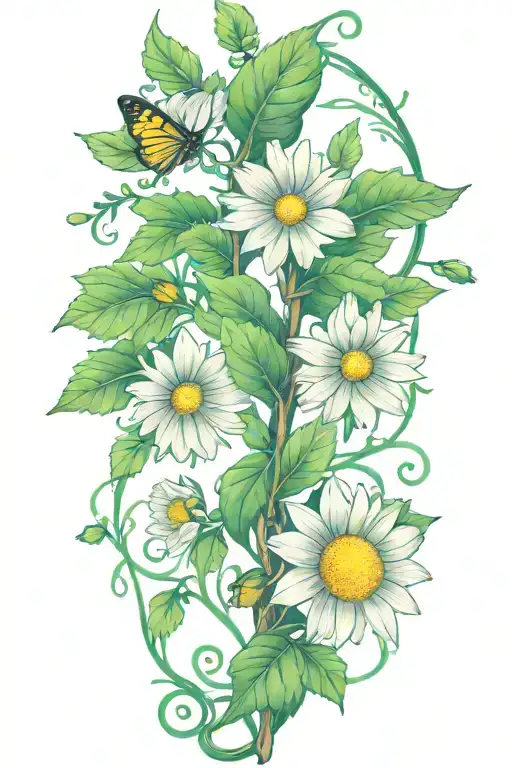 A Single Long Narrow Vine With Green Leaves And Daisy Flowers