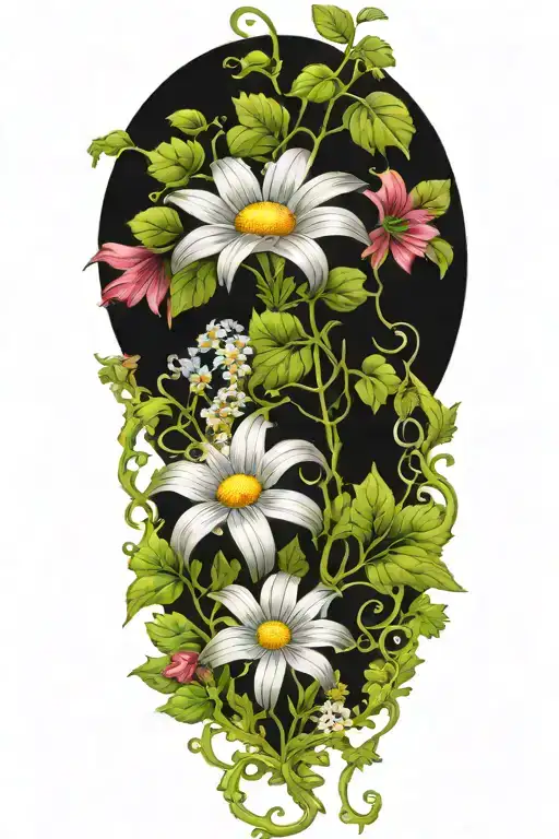 A Single Long Narrow Vine With Green Leaves And Daisy Flowers