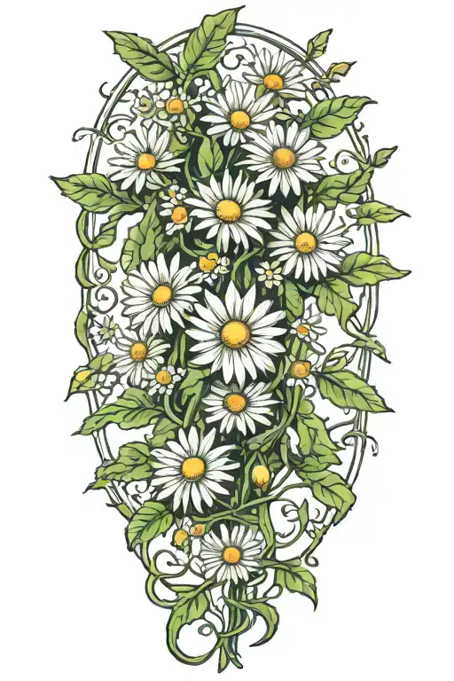 A Single Long Narrow Vine With Green Leaves And Daisy Flowers