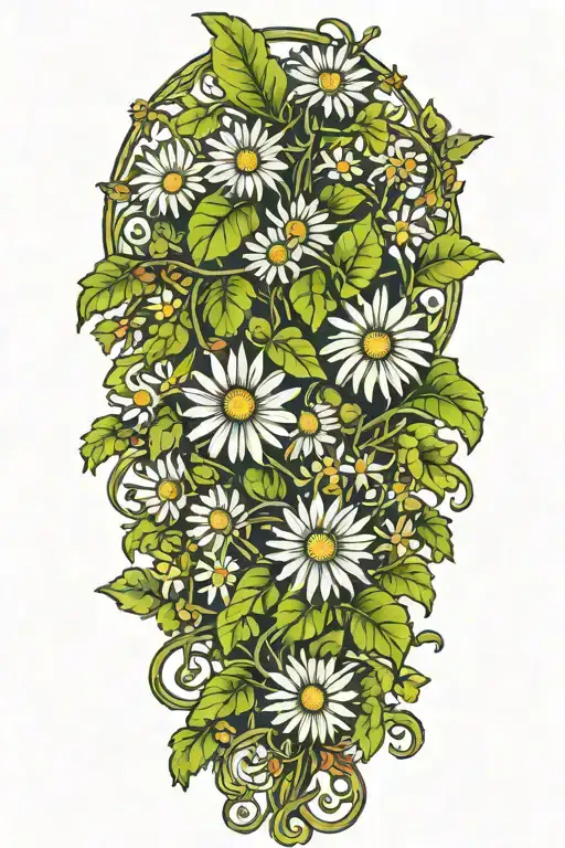 A Single Long Narrow Vine With Green Leaves And 5 Daisy Flowers