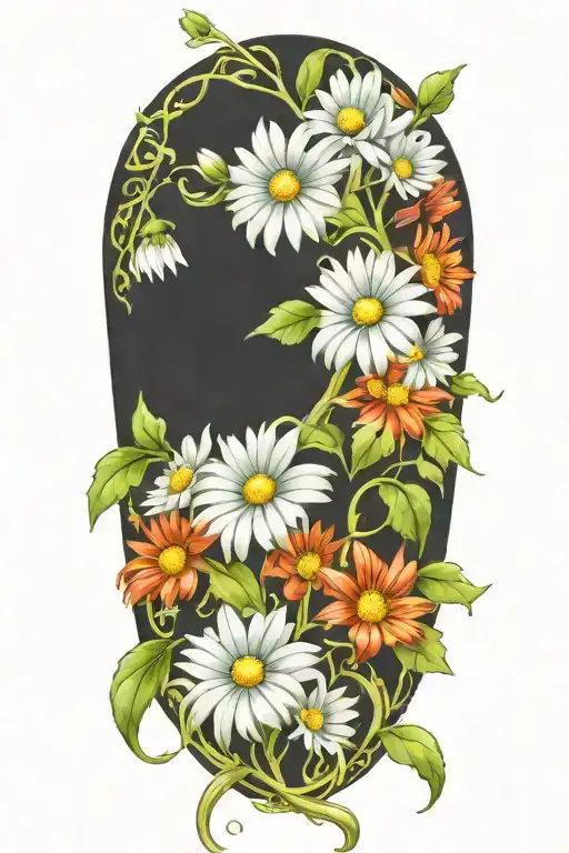 A Single Long Narrow Vine With Green Leaves And 5 Daisy Flowers