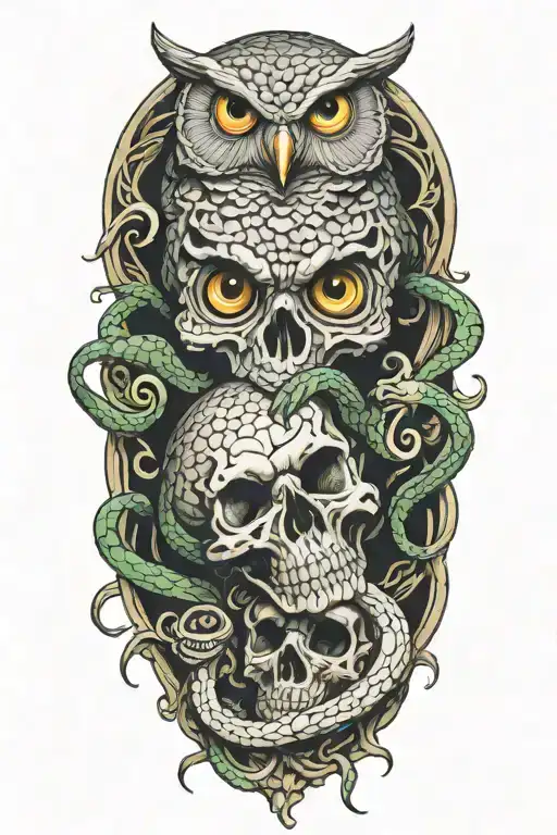 Snake Coiling With Owl And Skull