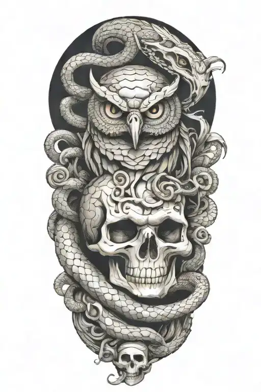 Snake Coiling With Owl And Skull