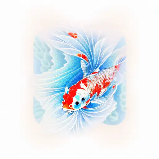 Koi Fish Ribbons Flowers 2 Fish Red And Blue