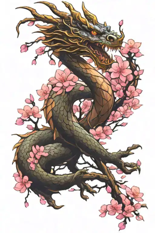 Dragon In Cherry Blossom Tree