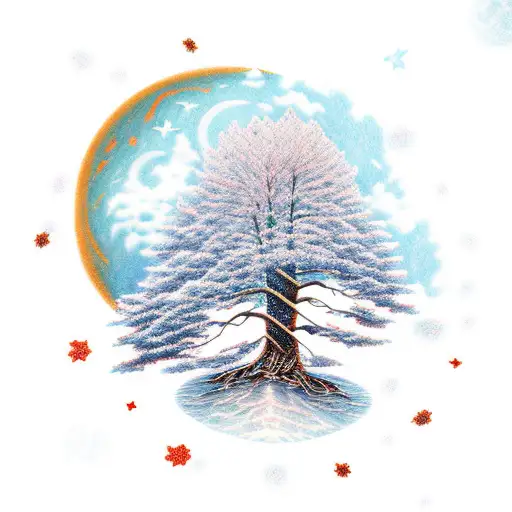 A Moon With Stars And Trees And Lake