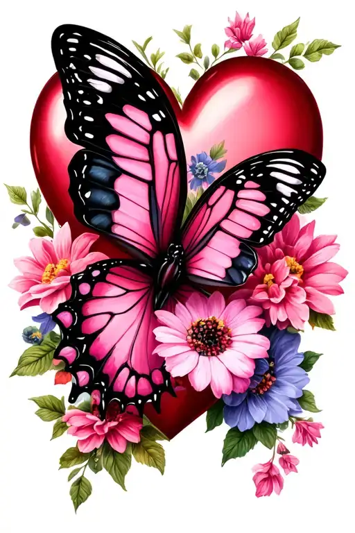 Black Pink Butterfly On The Heart With Flowers