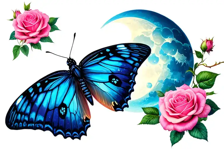 Small Pink Butterfly With Pink Roses Intertwined And Small Moon