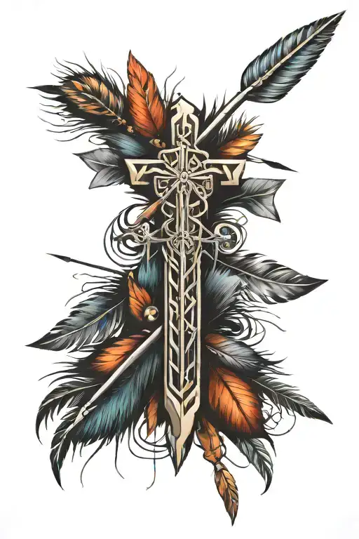 Tribal Cross With Hunting Arrows And Feathers