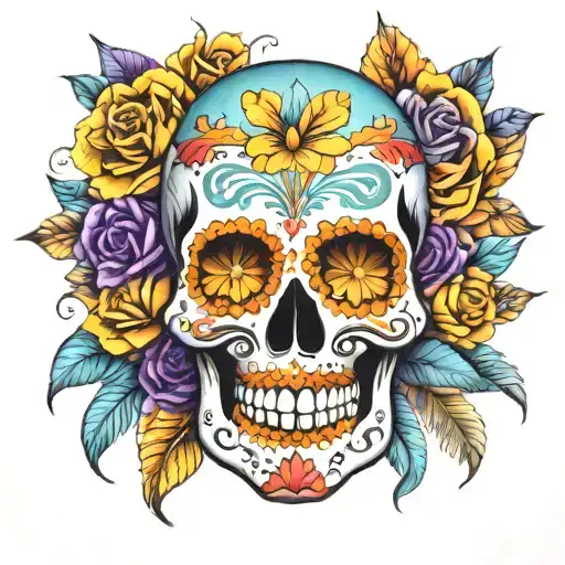 Sugar Skull Of Mexico With Color Skyblue Purple And Orange And Yellow