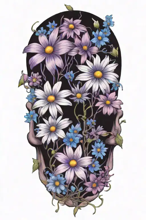 Purple Daisy Flowers Intertwined With Blue Cosmos Flowers