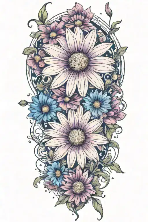 Purple Daisy Flowers Intertwined With Blue Cosmos Flowers