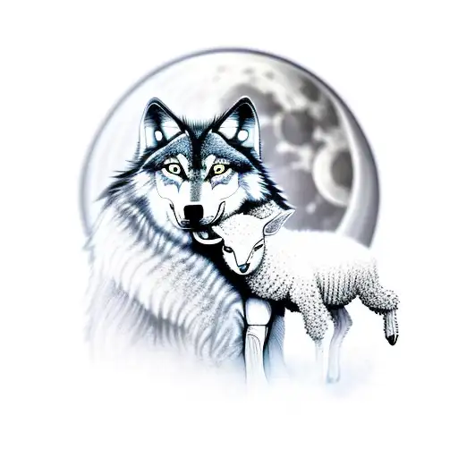 Cursed Wolf Carrying A Frightened Lamb Looking Up To The Moon