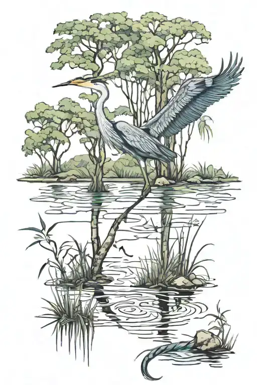 Wetland Forest Scene Treasure Map With Rope Knots And A Flying Blue Heron