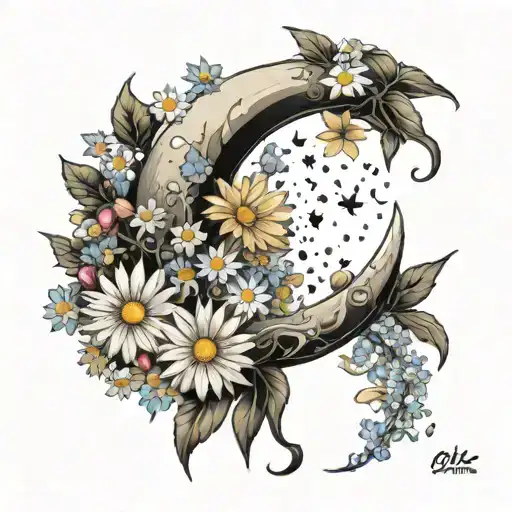 A Detailed Crescent Moon Surrounded By Daisies And Cosmos Flowers