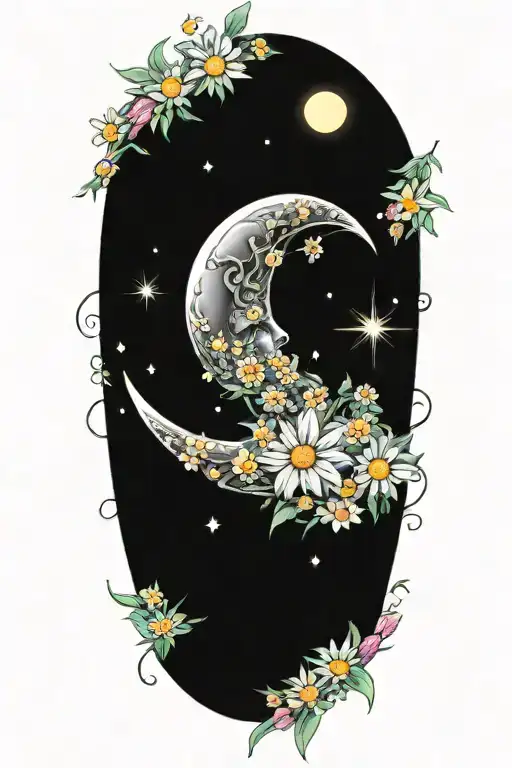 A Detailed Crescent Moon Surrounded By Daisies And Cosmos Flowers
