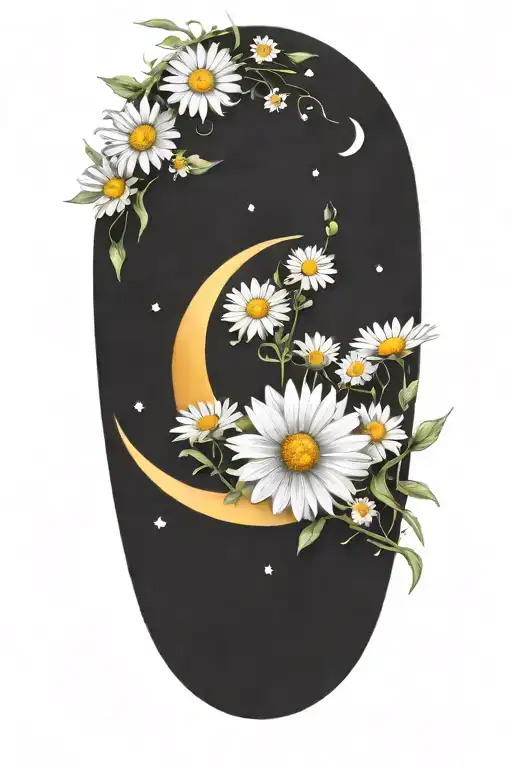 A Detailed Crescent Moon Surrounded By Daisies And Cosmos Flowers