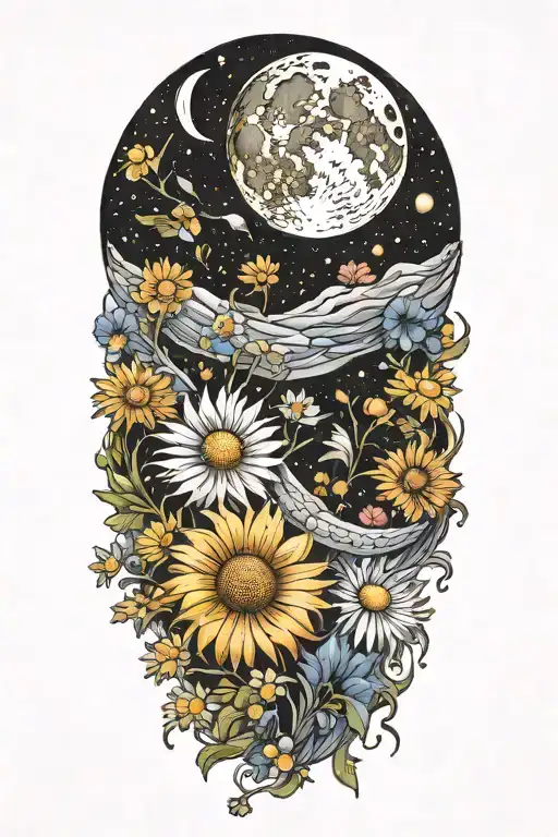 A Detailed Crescent Moon Surrounded By Daisies And Cosmos Flowers
