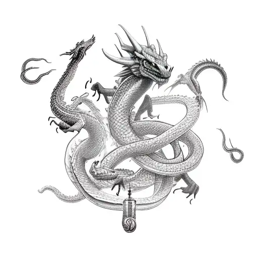 A Powerful Magician Casting Spells With A Dragon And Serpent As Familiars